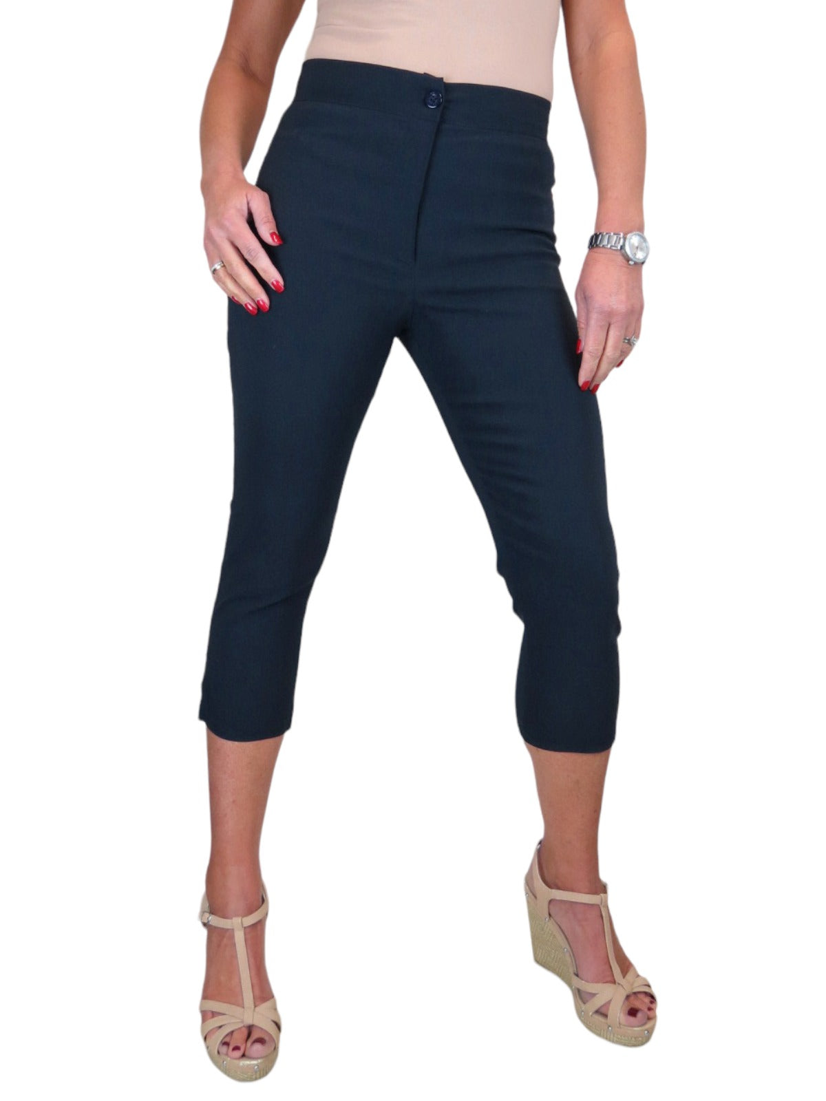 High Waisted Cropped Skinny Pedal Pushers Trousers Navy Blue