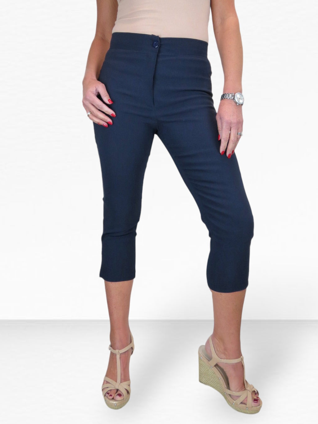 High Waisted Cropped Skinny Pedal Pushers Trousers Navy Blue