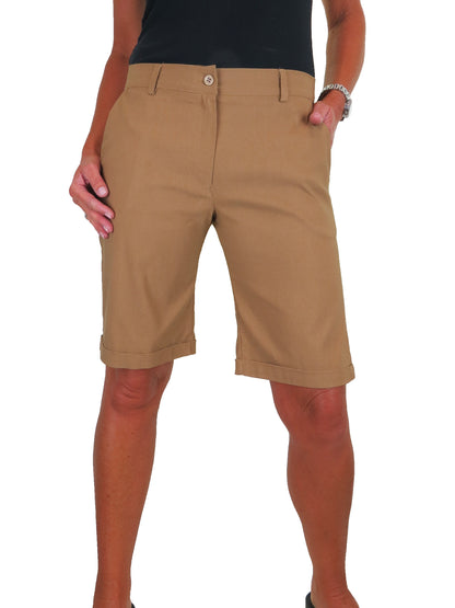 Ladies Above The Knee Stretch Shorts Camel Beige