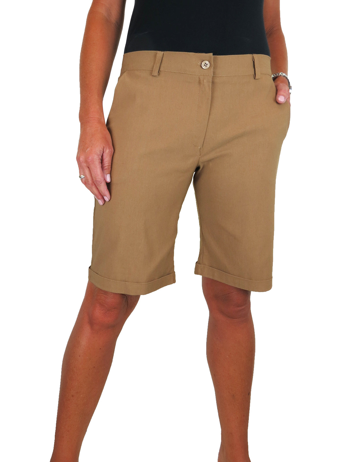 Ladies Above The Knee Stretch Shorts Camel Beige