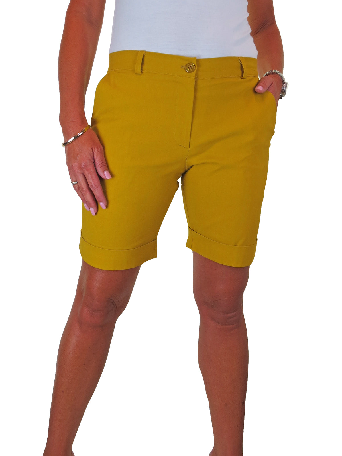 Ladies Above The Knee Stretch Shorts Mustard Yellow