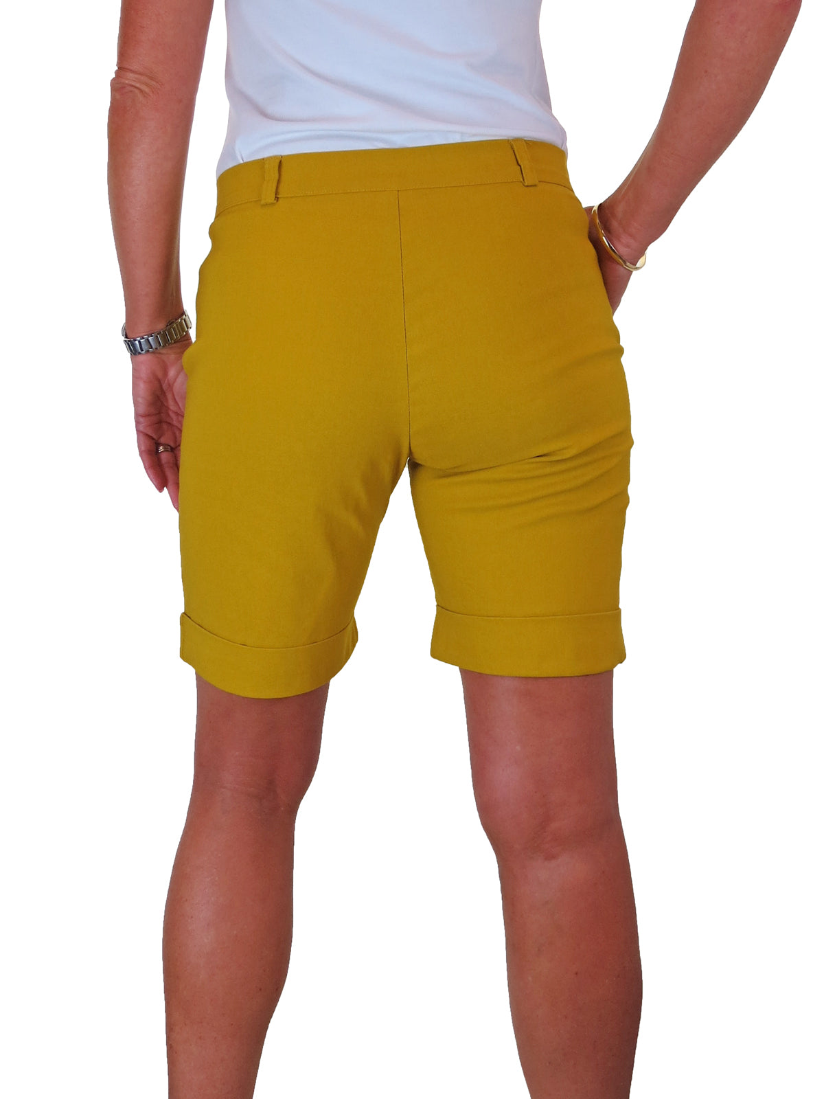 Ladies Above The Knee Stretch Shorts Mustard Yellow