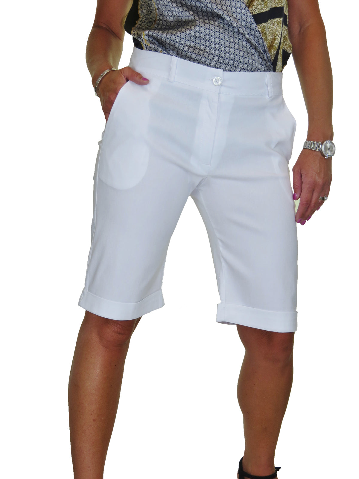 Ladies Above The Knee Stretch Shorts White