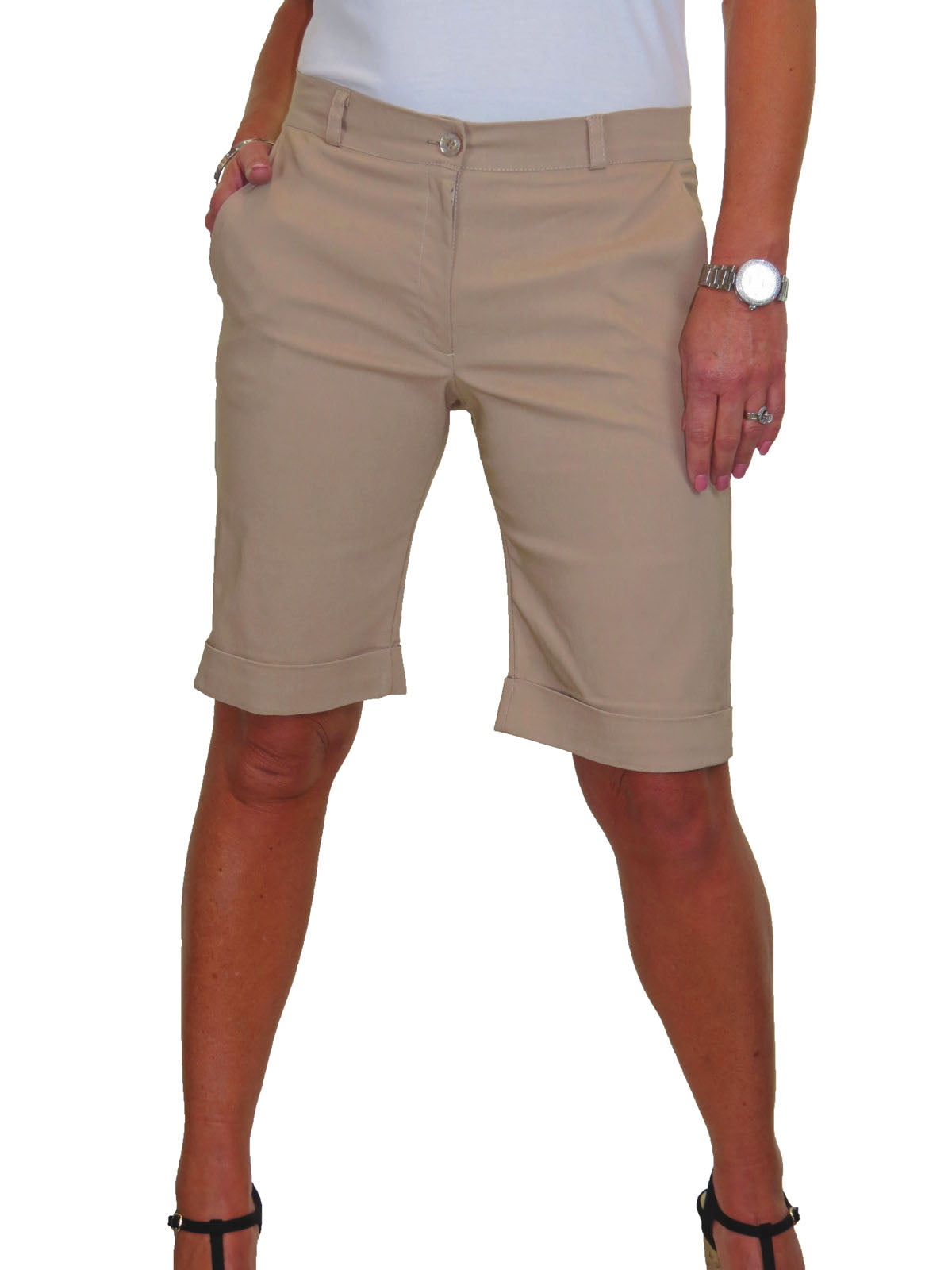 Ladies Above The Knee Stretch Shorts Beige