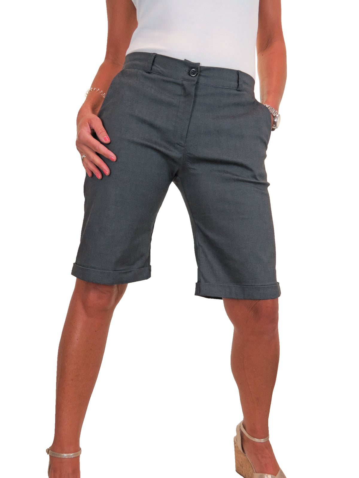 Ladies Above The Knee Stretch Shorts Grey