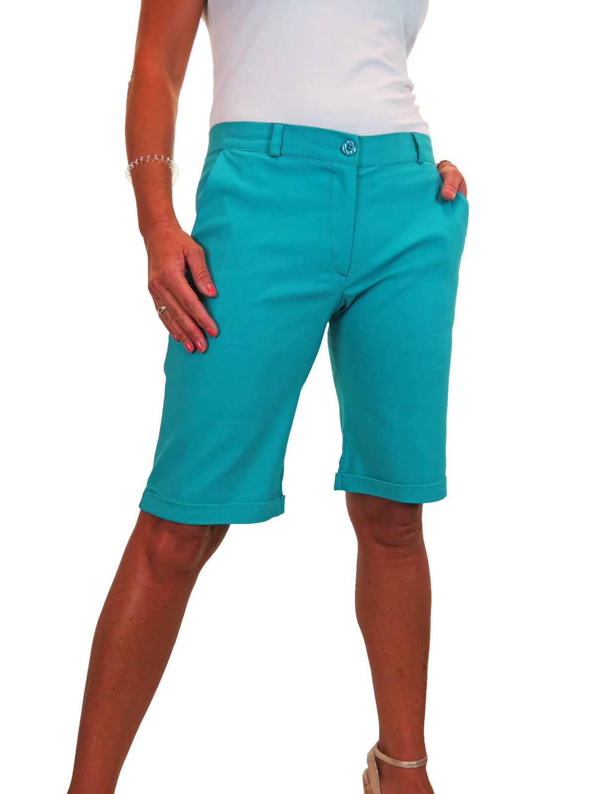 Ladies Above The Knee Stretch Shorts Turquoise