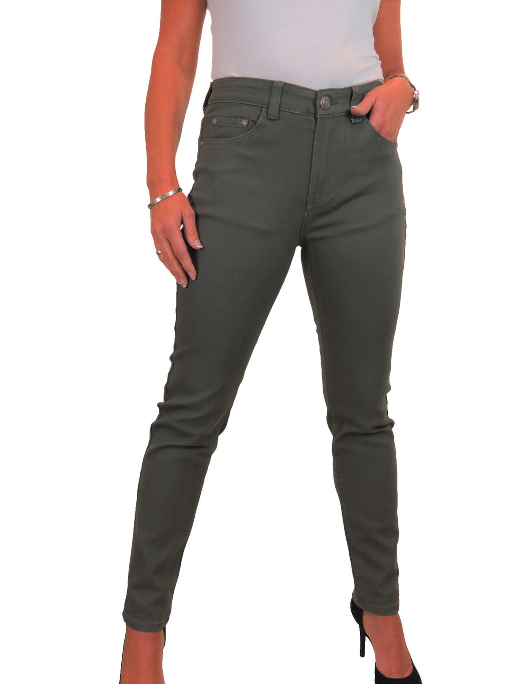 Womens High Waist Stretch Denim Jeans Khaki Green