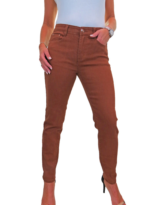 Womens High Waist Stretch Denim Jeans Brown (Rust)