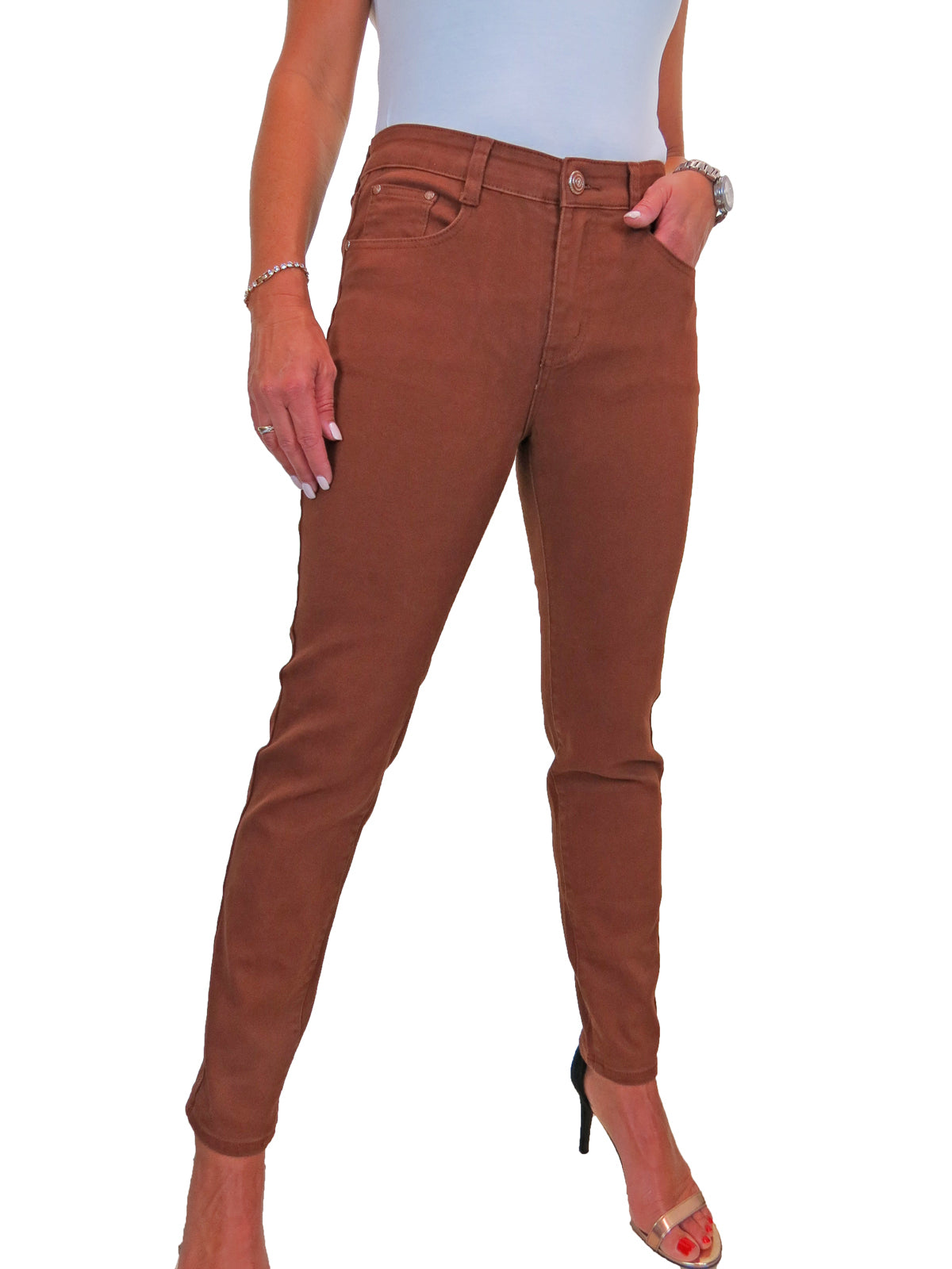 Womens High Waist Stretch Denim Jeans Brown (Rust)