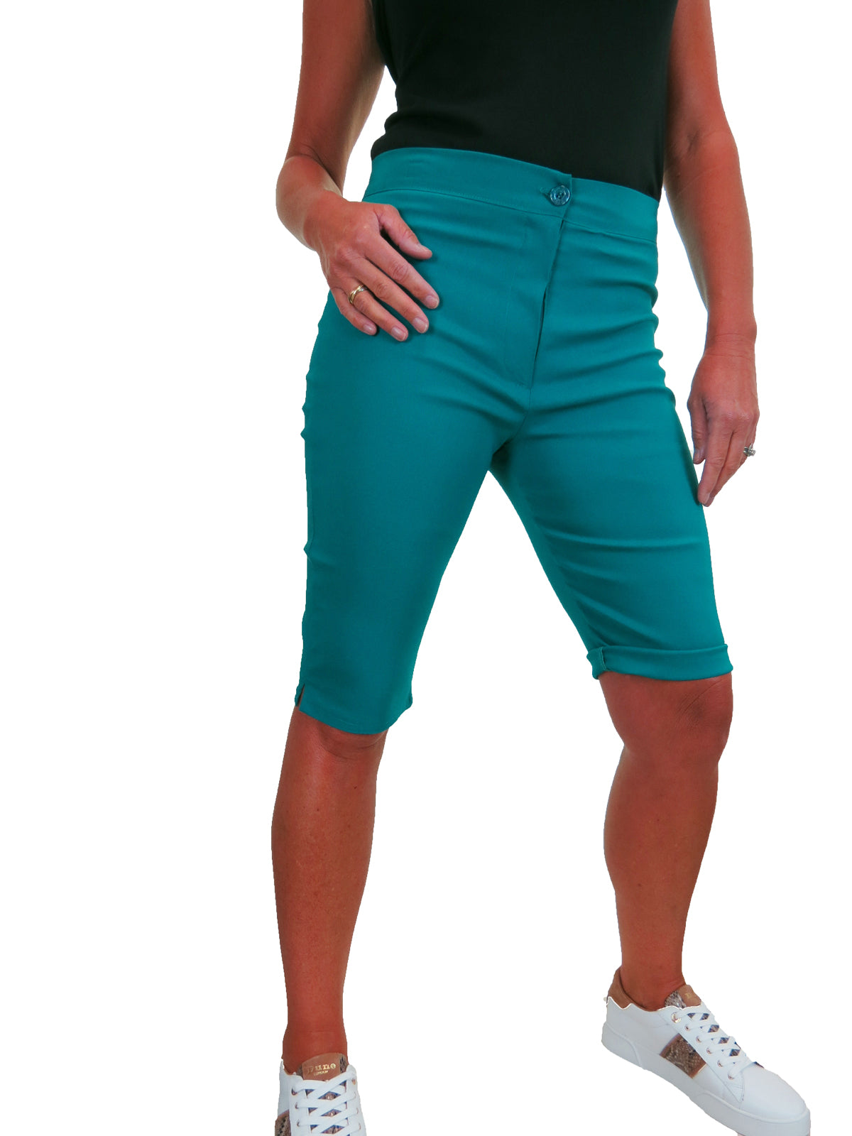 Womens High Waist Skinny Stretch Pedal Pusher Style Summer Shorts Teal Green