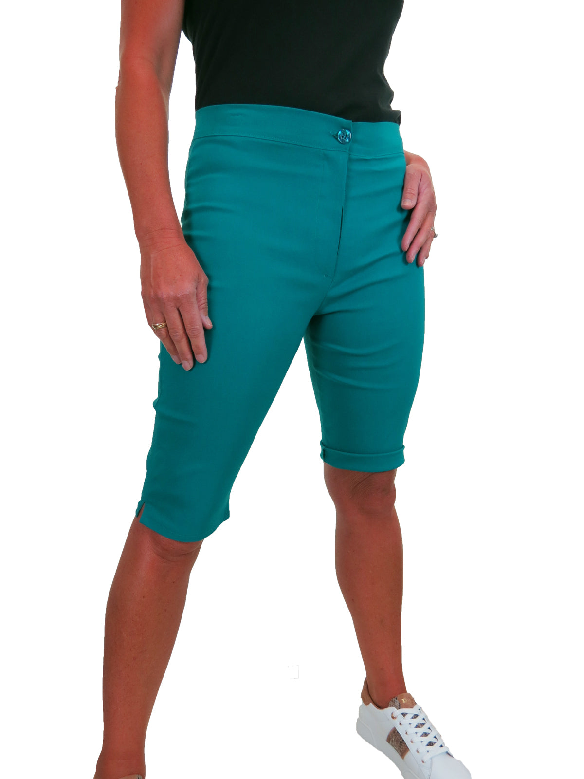 Womens High Waist Skinny Stretch Pedal Pusher Style Summer Shorts Teal Green