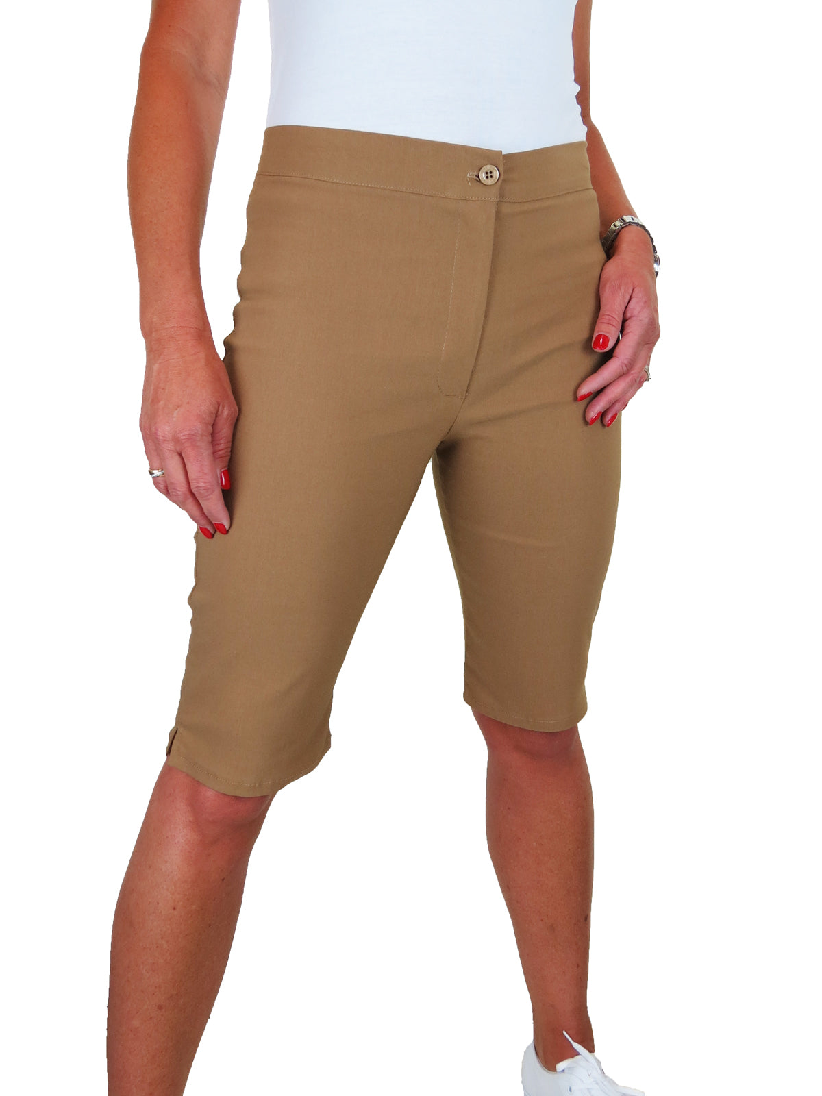 Womens High Waist Skinny Stretch Pedal Pusher Style Summer Shorts Camel Beige
