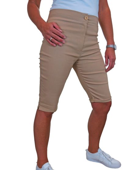 Womens High Waist Skinny Stretch Pedal Pusher Style Summer Shorts Beige