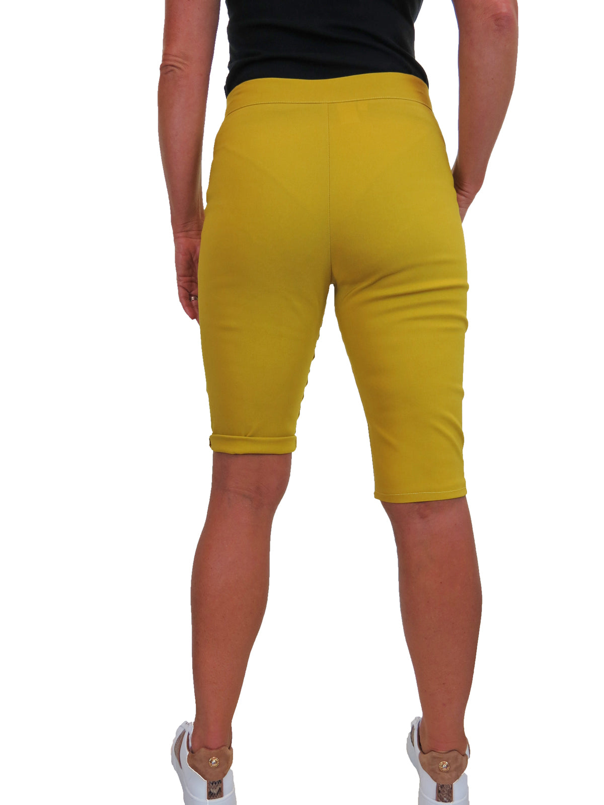 Womens High Waist Skinny Stretch Pedal Pusher Style Summer Shorts Mustard Yellow