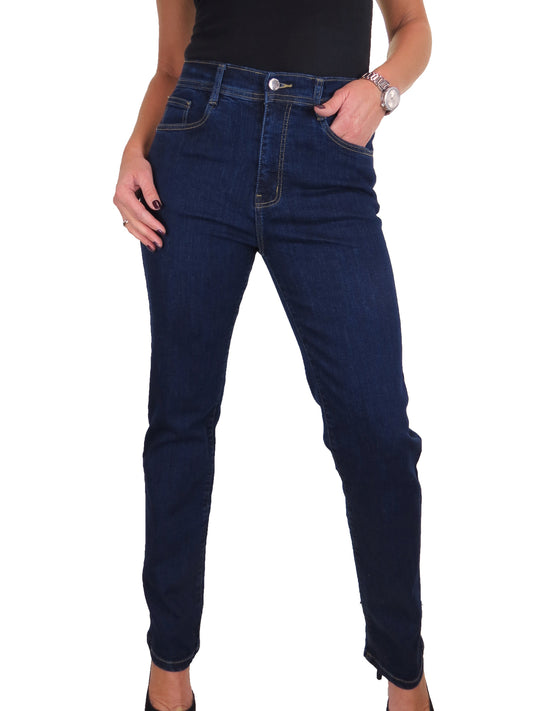 Womens Straight Leg High Waist Denim Jeans Soft Wash Indigo Blue