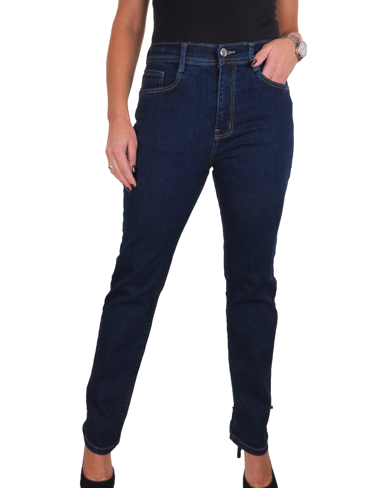 Womens Straight Leg High Waist Denim Jeans Soft Wash Indigo Blue