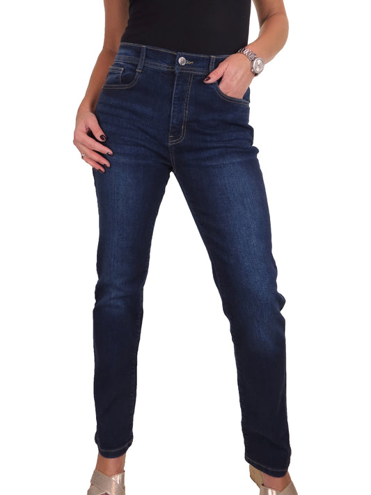 Womens Straight Leg High Waist Denim Jeans Faded Dark Blue