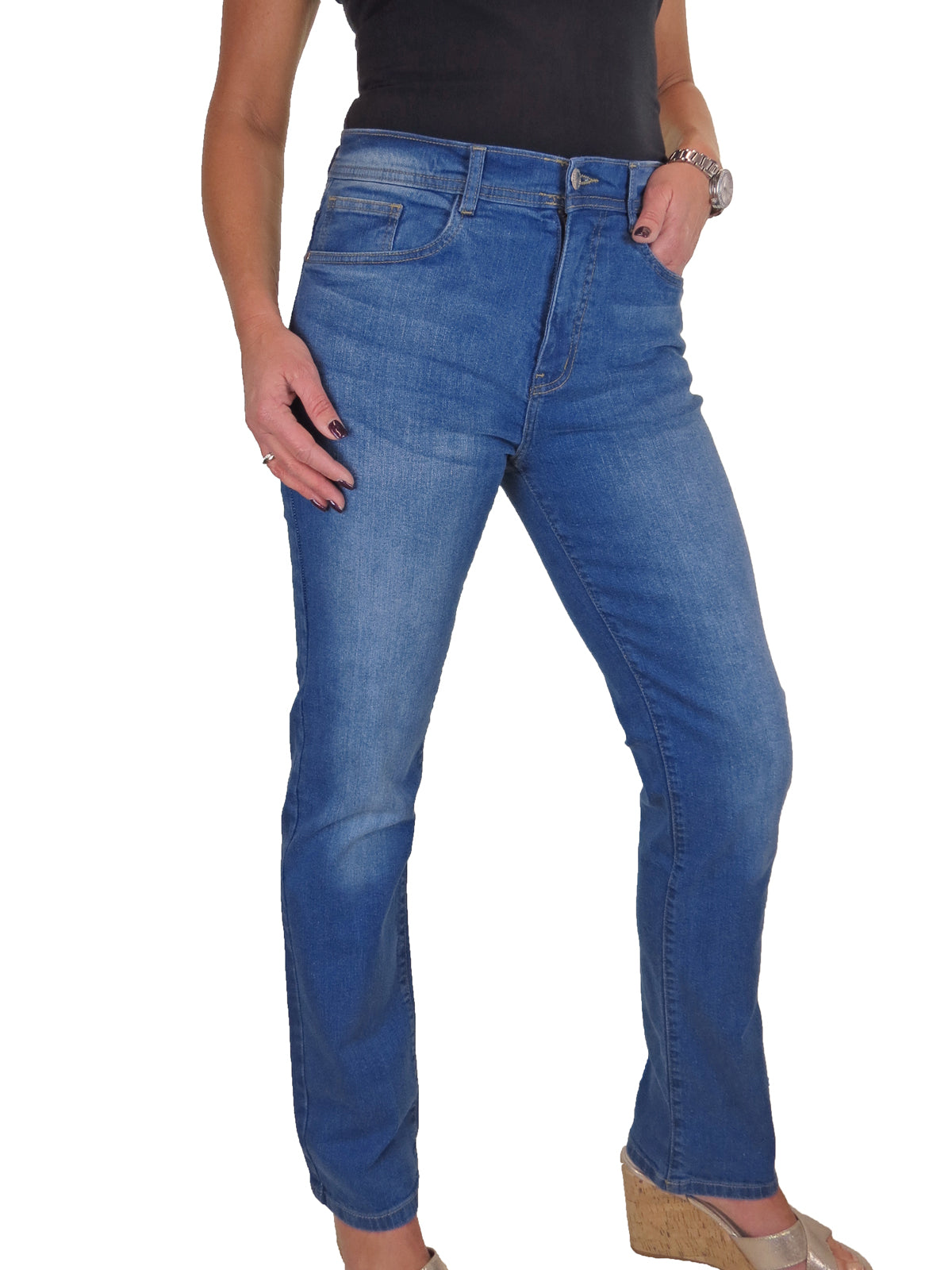 Womens Straight Leg High Waist Denim Jeans Faded Mid Blue