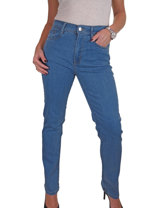 Womens Straight Leg High Waist Denim Jeans Smooth Mid Blue