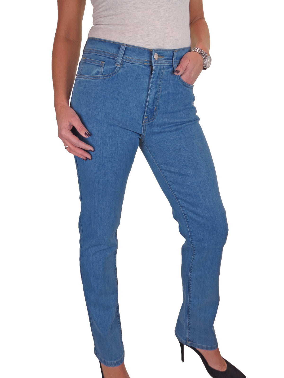 Womens Straight Leg High Waist Denim Jeans Smooth Mid Blue