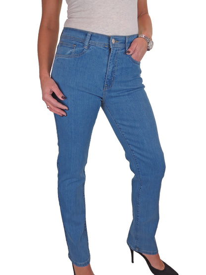 Womens Straight Leg High Waist Denim Jeans Smooth Mid Blue