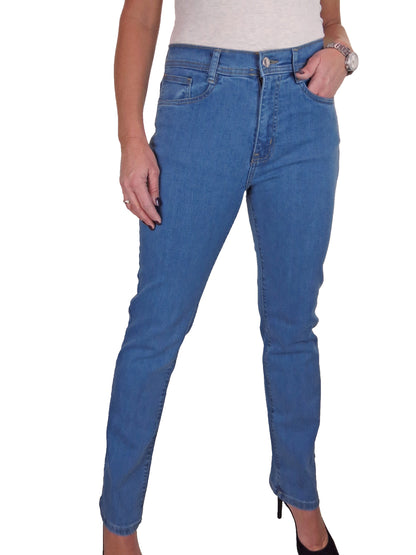 Womens Straight Leg High Waist Denim Jeans Smooth Mid Blue