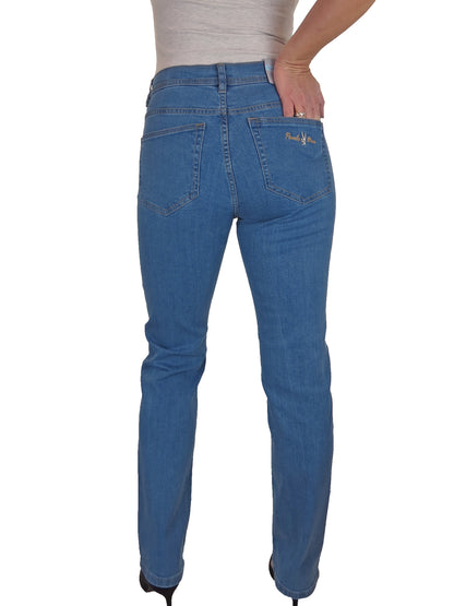 Womens Straight Leg High Waist Denim Jeans Smooth Mid Blue