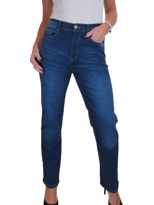 Womens Straight Leg High Waist Denim Jeans Deep Blue Fade