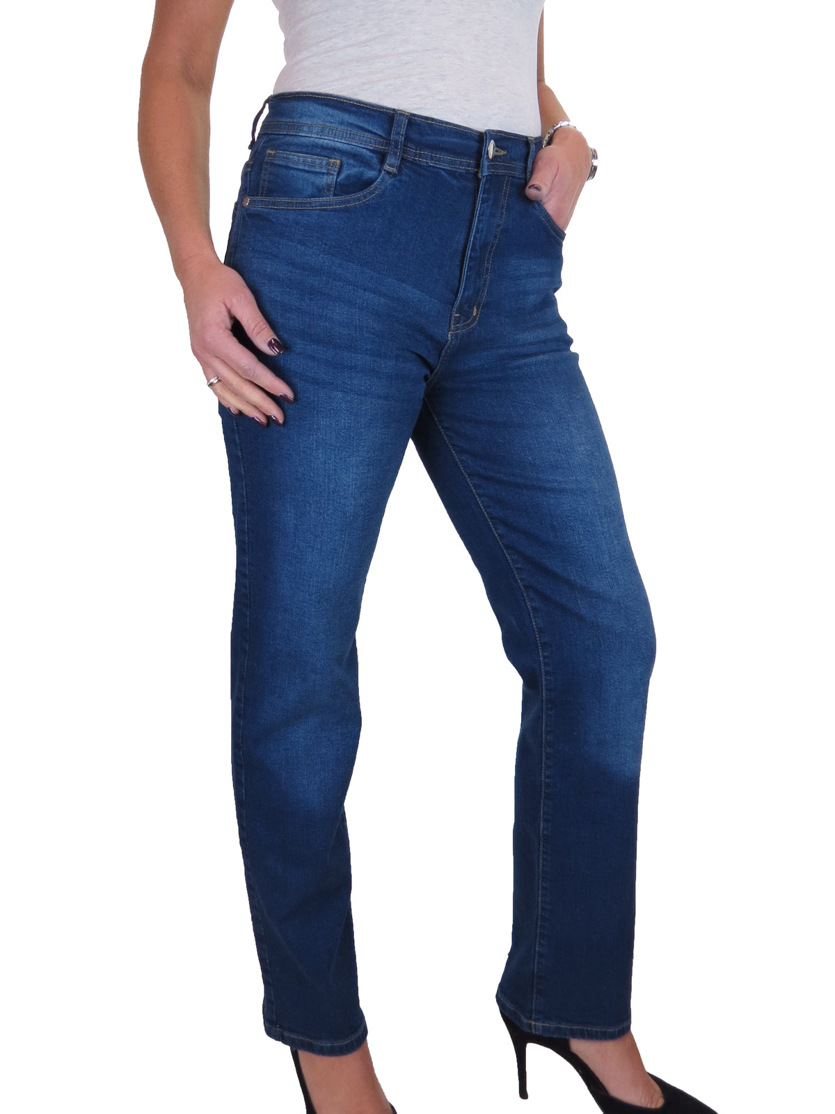 Womens Straight Leg High Waist Denim Jeans Deep Blue Fade