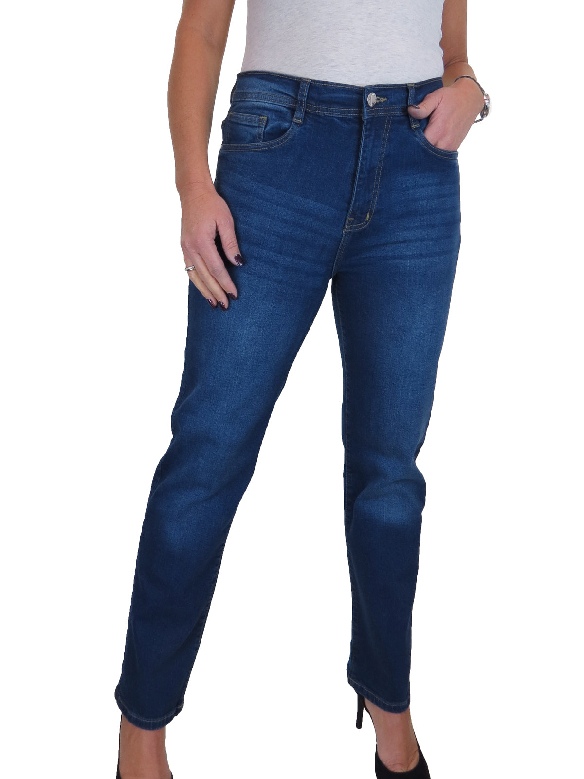Womens Straight Leg High Waist Denim Jeans Deep Blue Fade