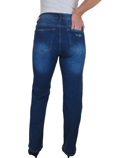 Womens Straight Leg High Waist Denim Jeans Deep Blue Fade