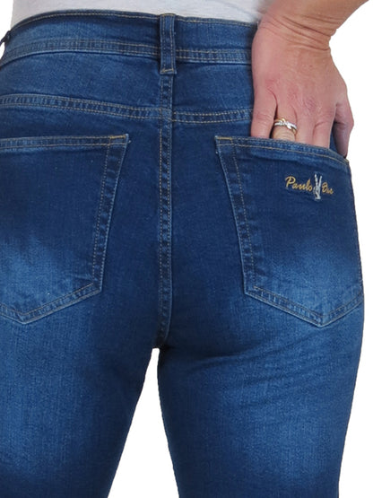 Womens Straight Leg High Waist Denim Jeans Deep Blue Fade