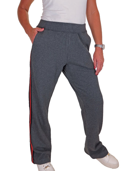 Womens Stretch Cotton Sport Stripe Tracksuit Sweatpants Loop Back Grey/Red