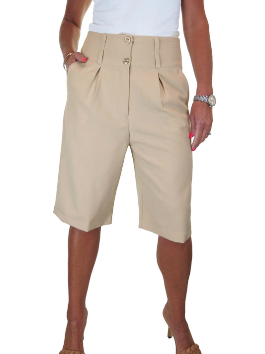 Womens Wide Leg High Waist Loose Fit Shorts Beige