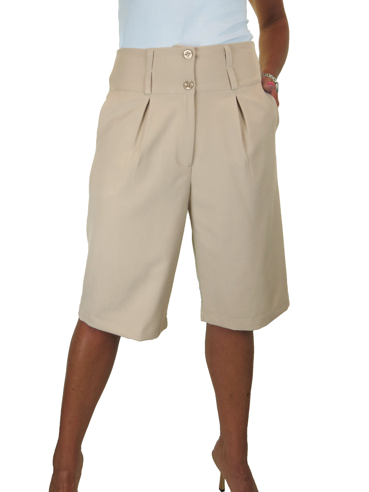 Womens Wide Leg High Waist Loose Fit Shorts Beige