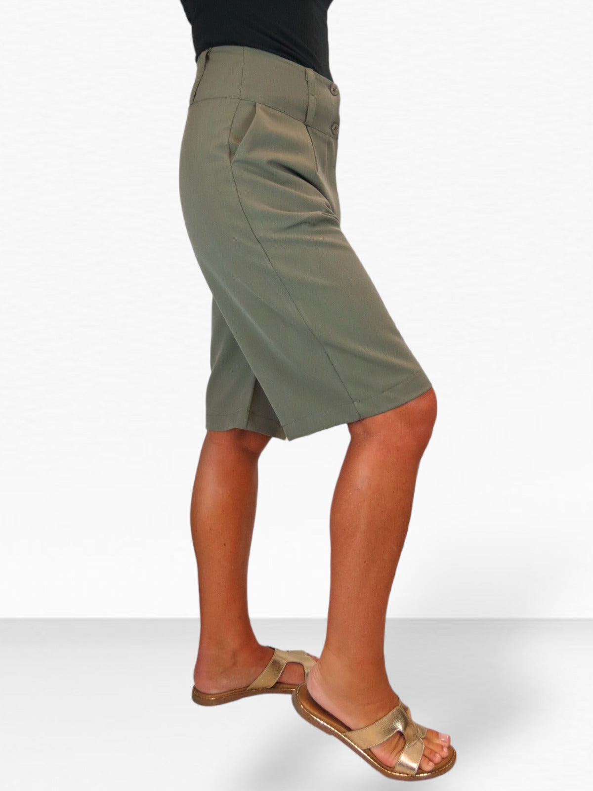 Womens Wide Leg High Waist Loose Fit Shorts Khaki Green