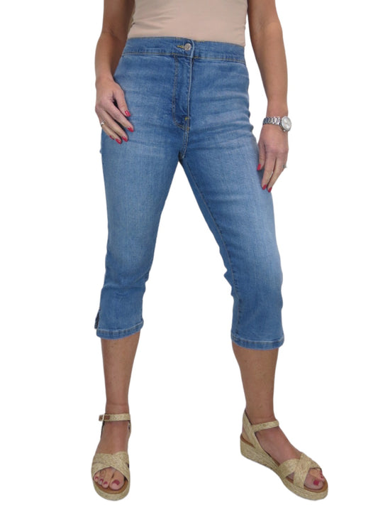 Women's High Waist Stretch Denim Cropped Jeans Mid Blue Fade