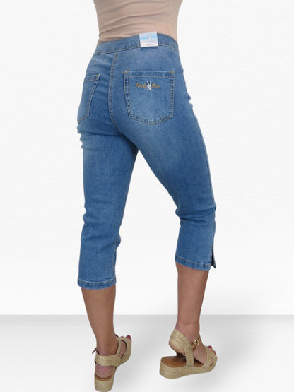 Women's High Waist Stretch Denim Cropped Jeans Mid Blue Fade
