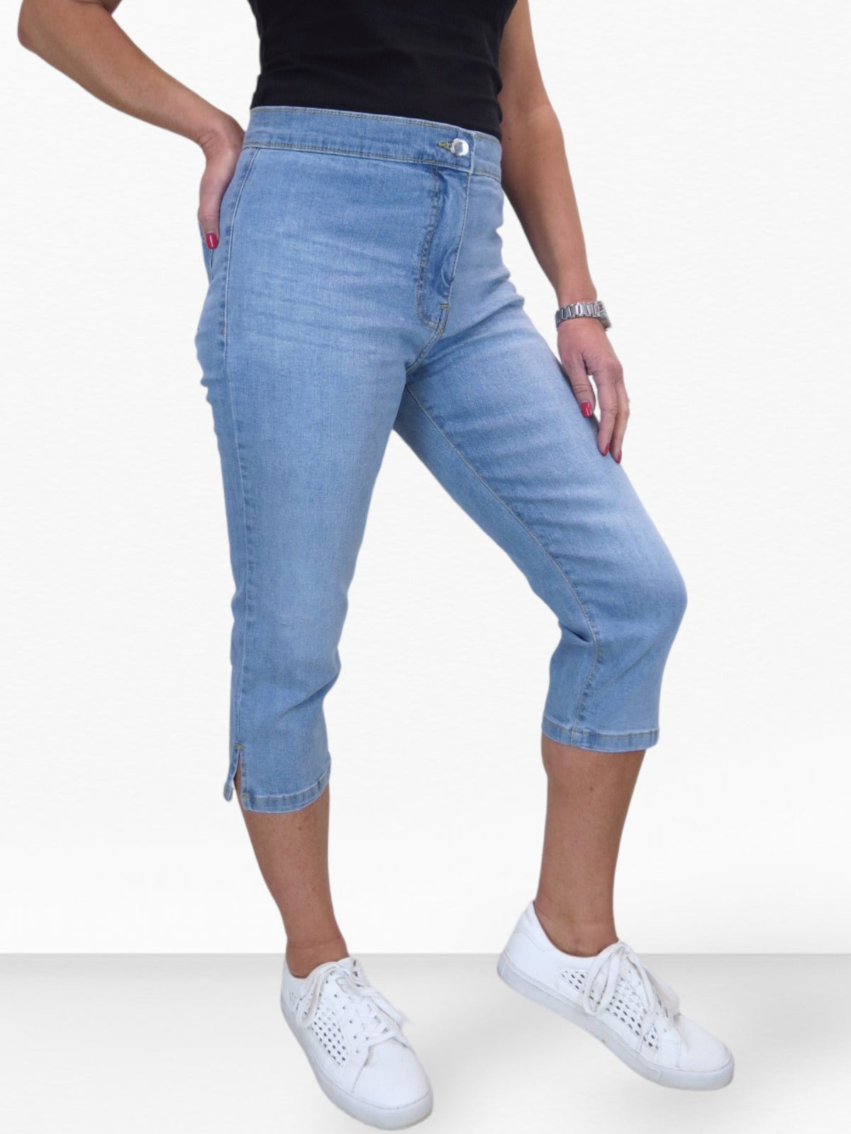Women's High Waist Stretch Denim Cropped Jeans Bleach Blue