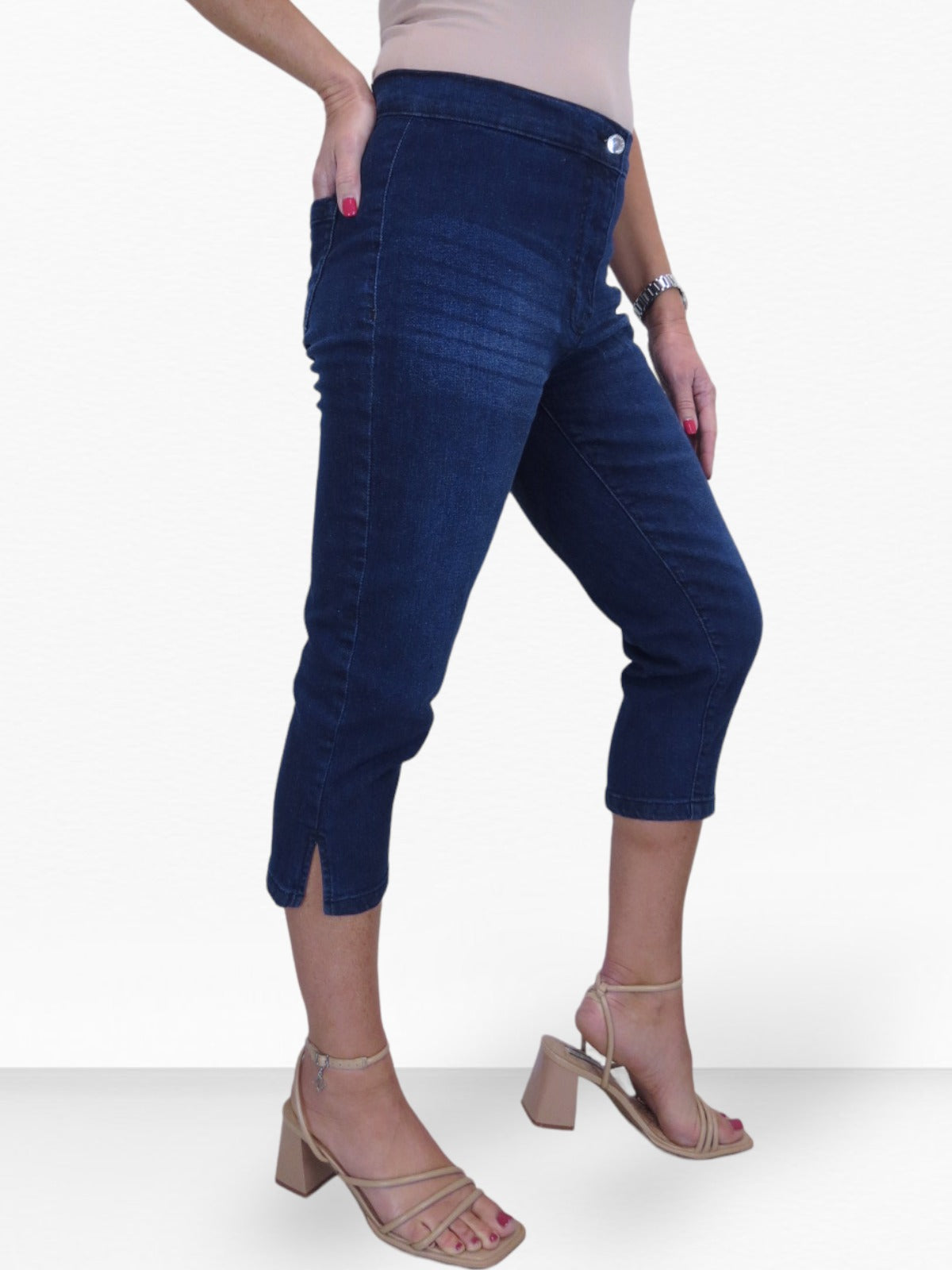 Women's High Waist Stretch Denim Cropped Jeans Dark Blue Fade