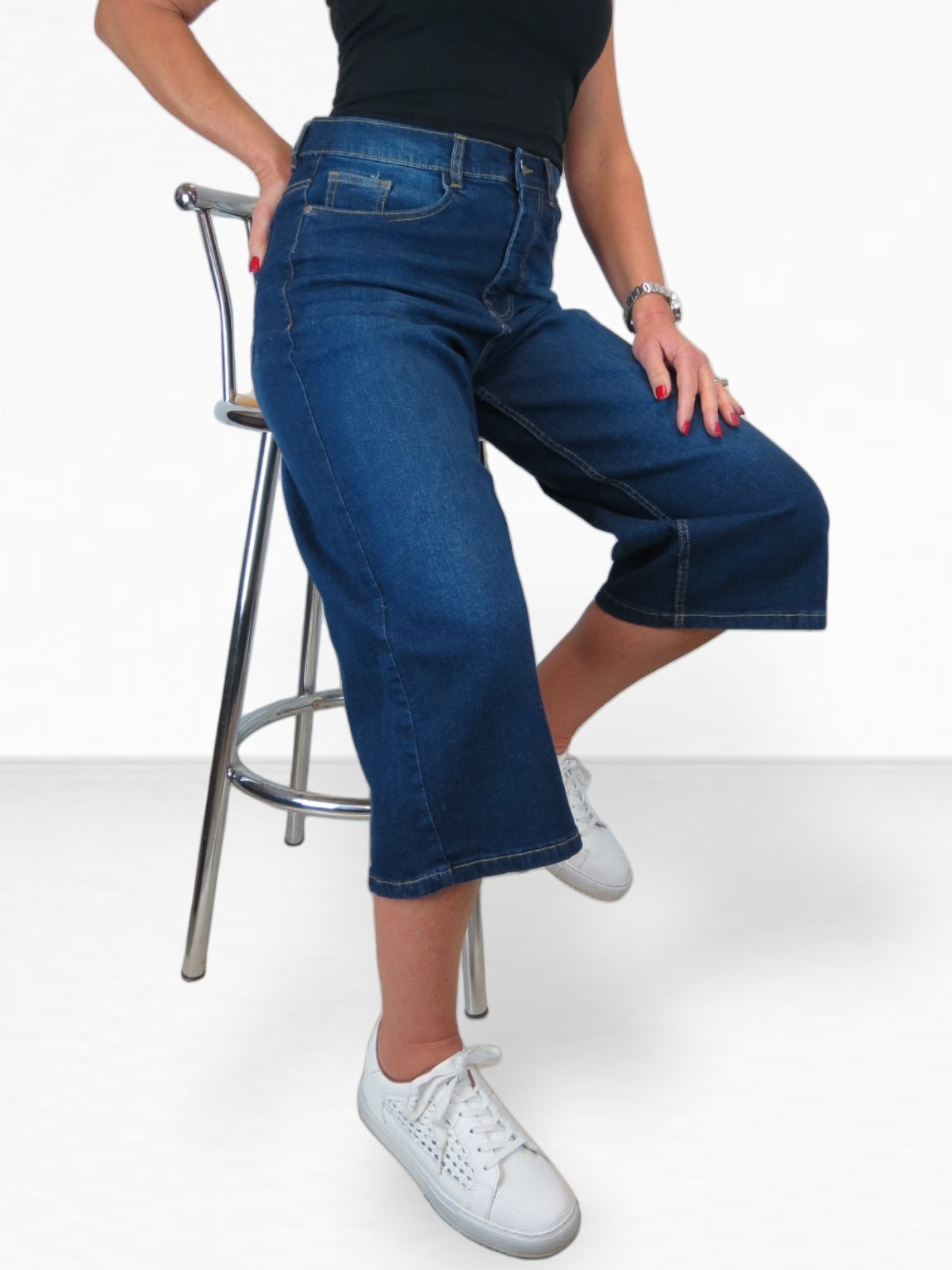Women's High Waist Wide Leg Denim Culotte Jeans Dark Faded Blue
