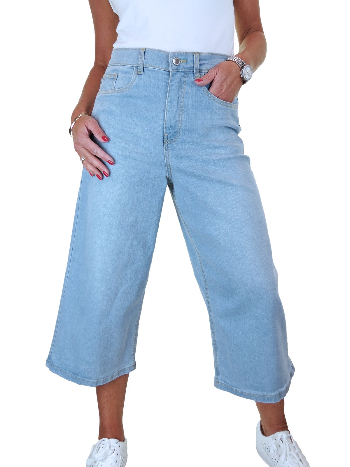 Women's High Waist Wide Leg Denim Culotte Jeans Bleach Blue