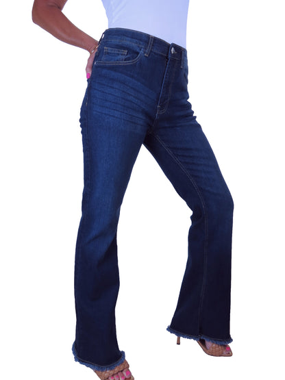 Women's Flared Stretch Denim High Waist Jeans With Frayed Hem Dark Faded Blue