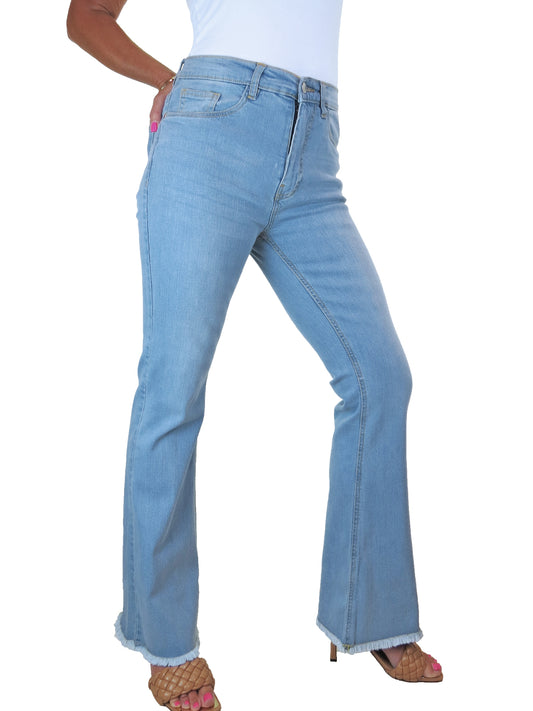 Women's Flared Stretch Denim High Waist Jeans With Frayed Hem Bleach Blue