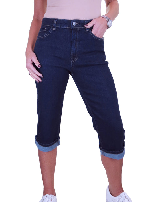 Women's Cropped Stretch Denim Slim Fit Capri Jeans Indigo Dark Blue