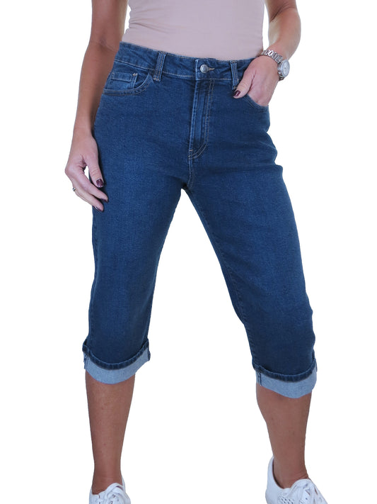 Women's Cropped Stretch Denim Slim Fit Capri Jeans Dark Blue Fade