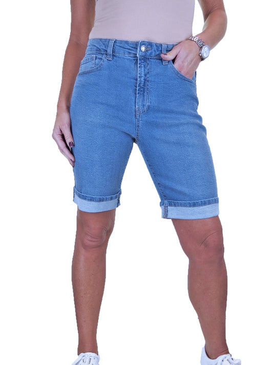 Women's High Waist Slim Denim Bermuda Denim Shorts Light Blue Fade