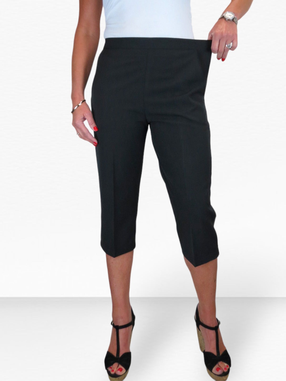Women's Elasticated Waist Cropped Smart Trousers Black