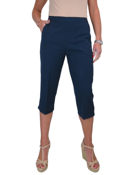 Women's Elasticated Waist Cropped Smart Trousers Navy Blue