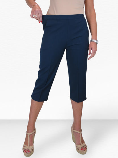 Women's Elasticated Waist Cropped Smart Trousers Navy Blue